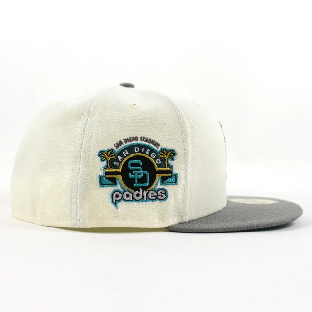 San Diego Padres STADIUM New Era 59Fifty Fitted Hat (Glow in the Dark Chrome White Misty Morning Aqua Under Brim)